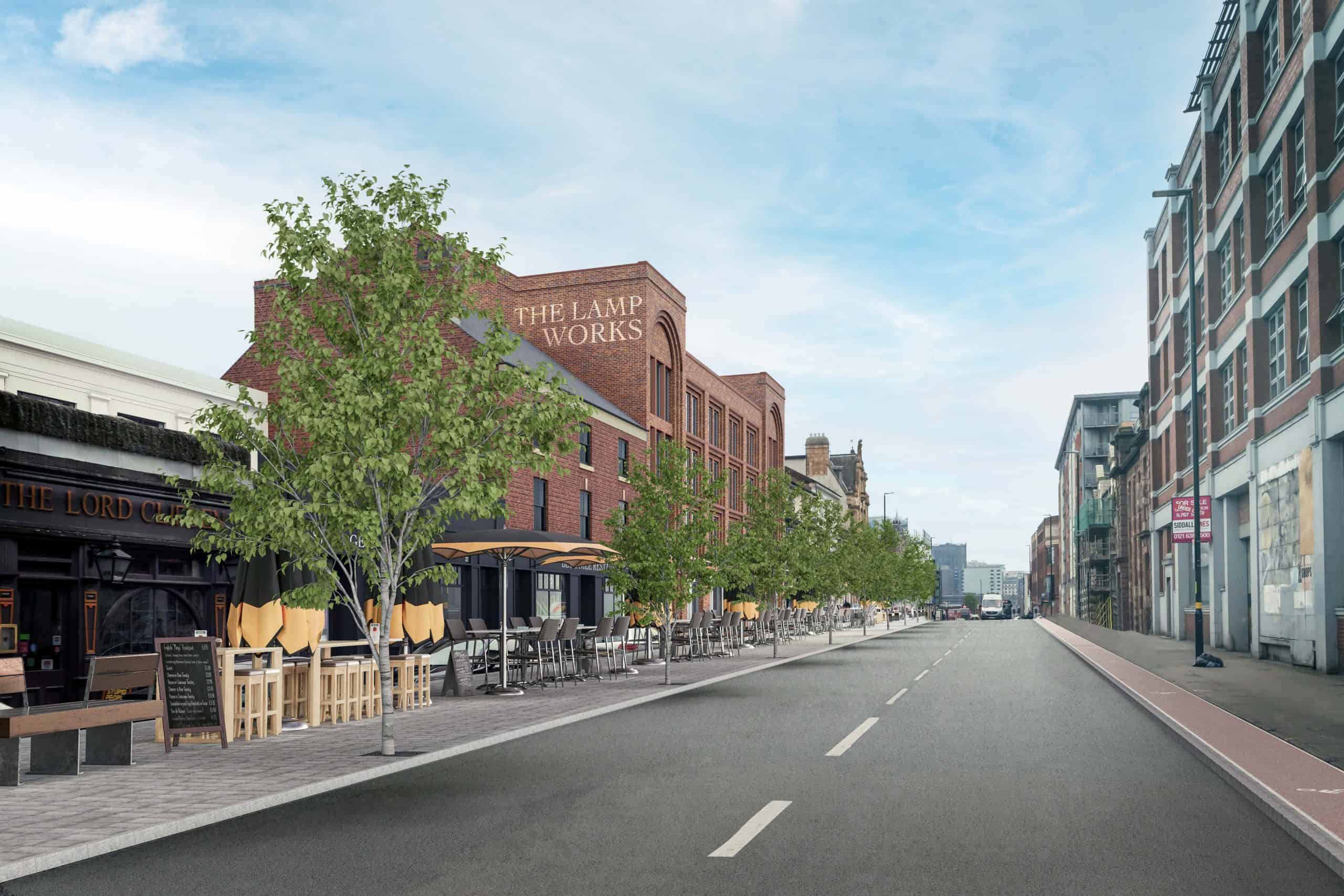 CGI showing how the narrowing of Great Hamption Street will benefit the community with outdoor seating and trees