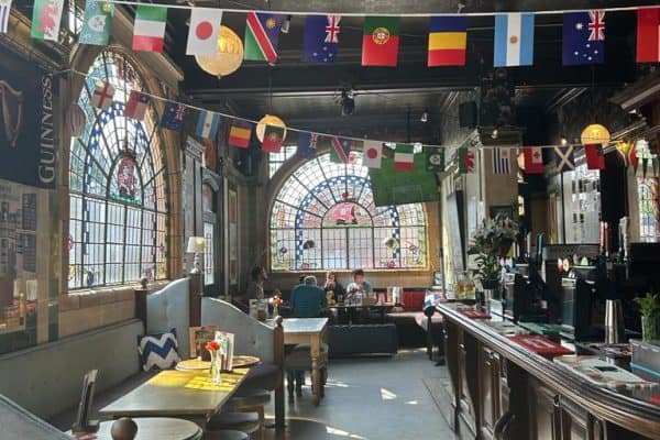 Main bar in the Rose Villa Tavern with flag bunting