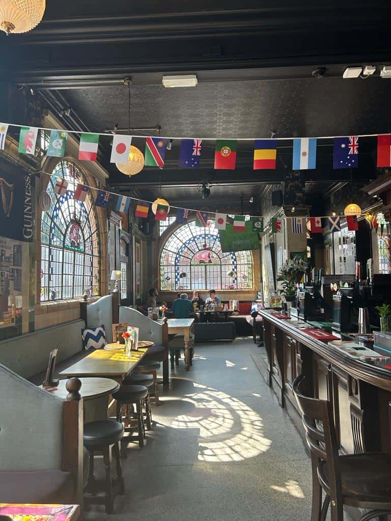 Main bar in the Rose Villa Tavern with flag bunting